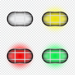 Glowing light bulbs in red, yellow and green. Set of isolated vector illustrations on transparent background