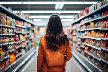 Female shopper browsing groceries in a busy supermarket aisle. Concept Supermarket Shopping, Female Shopper, Busy Aisle, Grocery Browsing, Shopping Experience