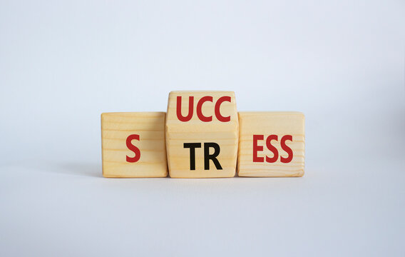 Success vs Stress symbol. Wooden cubes with words Stress and Success. Beautiful white background. Business concept and Success vs Stress. Copy space