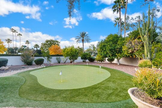 a putting green in a back yard