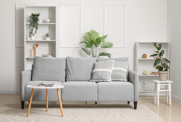 Interior of light living room with sofa, table and shelf units