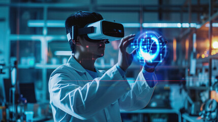 Scientist working with virtual reality headset in laboratory, future technology concept