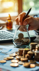 Coins in a glass jar on the table. Savings, finances and economy concept .