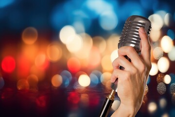 Metal microphone on colorful bokeh blurred background