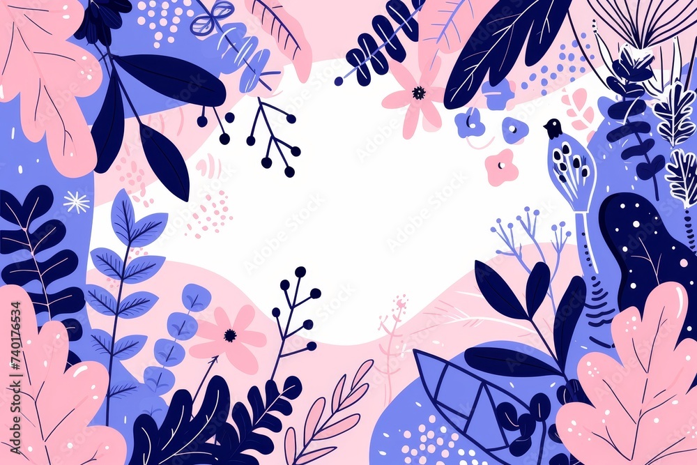 Poster a vibrant and whimsical background featuring intricate blue and pink floral patterns intertwined wit