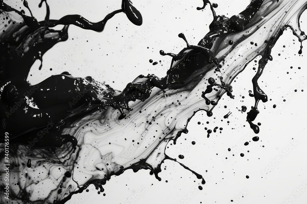 Poster essence of black water in motion, with intricate droplets forming dazzling splashes against a white 