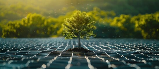 A new tree growth in a field of solar panels for eco friendly renewable energy. Generated AI image - obrazy, fototapety, plakaty