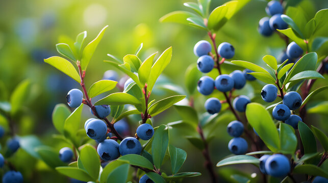 Blueberry twig, blueberry bush in a garden in summer time,
 Vaccinium myrtillus growing in forest closeup
