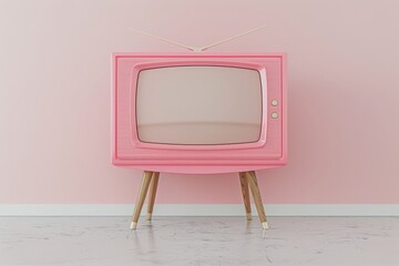 A vibrant pink television set is elegantly displayed on a rustic wooden stand, creating a...