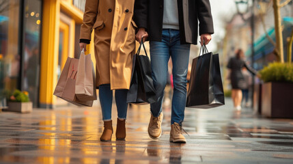 Cropped image of young couple walking with shopping bags in the city - obrazy, fototapety, plakaty