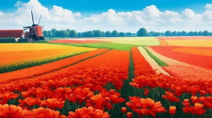 field of flowers and sky, A bright red poppy field under a blue sky - obrazy, fototapety, plakaty