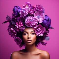 Naklejka premium A captivating woman with a serene expression wears a beautiful array of purple flowers on her head, creating a whimsical and ethereal look
