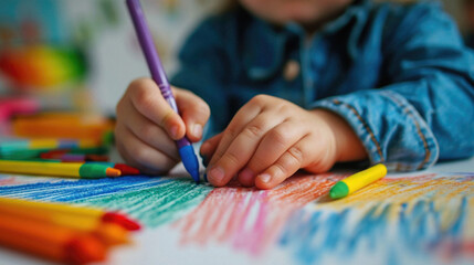 Fototapeta premium Cute little boy drawing with wax crayons on colorful paper
