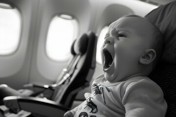 A Crying Baby on an Airplane. Concept Traveling with Family, Airplane Etiquette, Parenting Challenges, Managing Stress, Keeping Kids Happy - obrazy, fototapety, plakaty