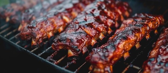 Obraz na płótnie Canvas Close up delicious succulent barbecue ribs grilled texture with a smoky glaze. Generated AI image