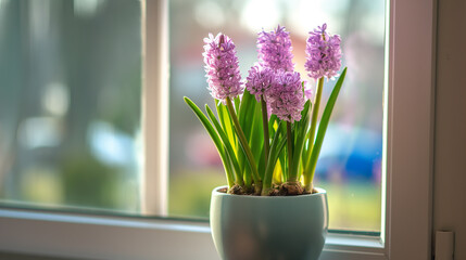 Pink hyacinth in pot on windowsill. Spring concept.