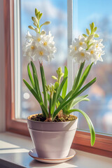 White hyacinth in pot on windowsill. Spring concept.