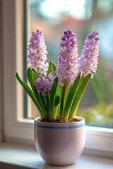 Pink hyacinth in pot on windowsill. Spring concept.