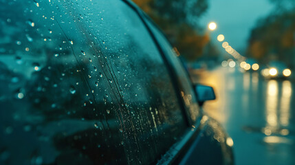 Rainy road view from car with drops on window - obrazy, fototapety, plakaty