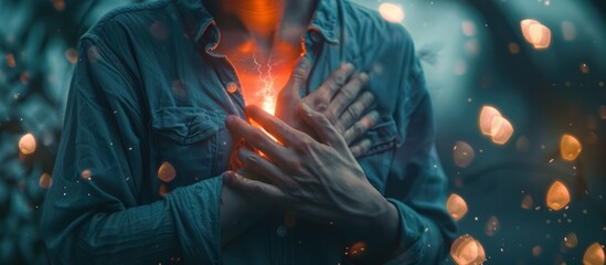 A man is holding his chest in pain due to a heart attack. AI generated images - obrazy, fototapety, plakaty