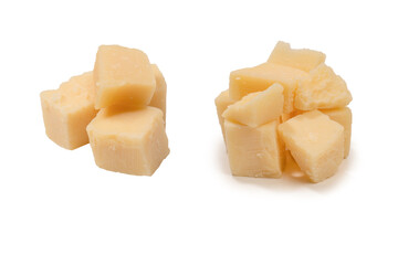 Cheese cubes isolated on a white background.