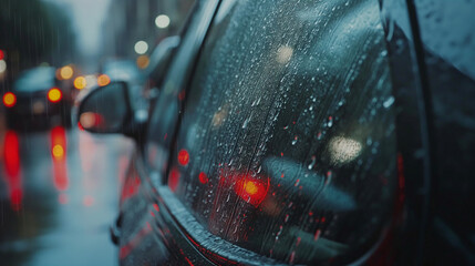 Rainy road view and car with drops on window - obrazy, fototapety, plakaty