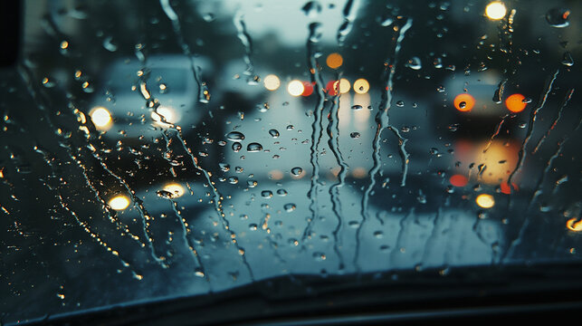 Rainy road view from car with drops on window