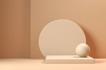 Beauty, fashion, make-up concept. Minimalist product placement podium made from various beige geometric shapes with copy space. Minimalist and futuristic looking style.