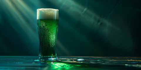   St Patrick's Day with a light beer in glass on dark green background  