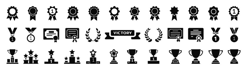 Winning icon set. Trophy cup, Medal, Winner prize icon. Trophy symbol. Victory logo.