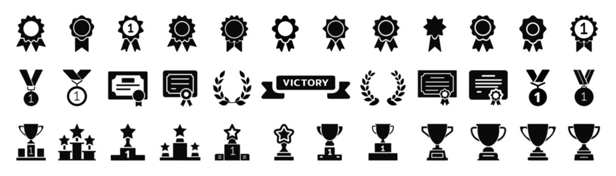 Winning icon set. Trophy cup, Medal, Winner prize icon. Trophy symbol. Victory logo.