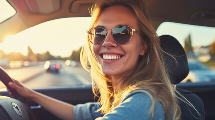 Beautiful young woman driving a car on the road in sunny day