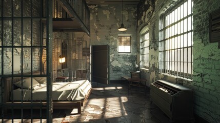 beautiful abandoned jail cell - obrazy, fototapety, plakaty