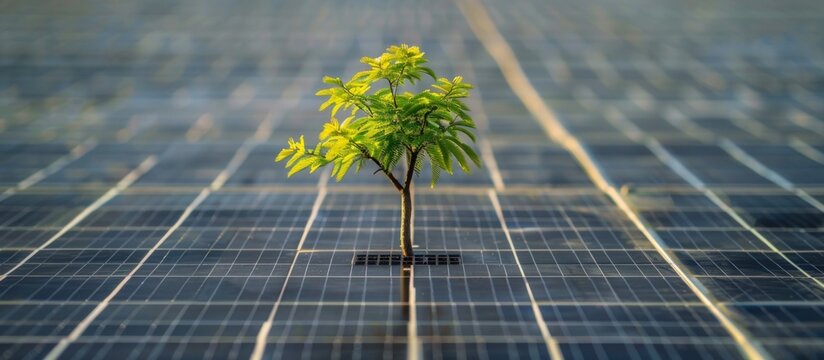 A new tree growth in a field of solar panels for eco friendly renewable energy. Generated AI image
