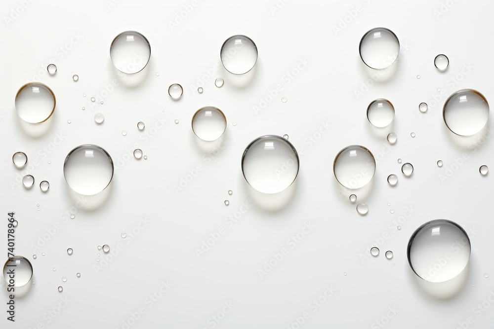 Fototapete group of water droplets delicately floating on a pristine white surface, reflecting light and creati