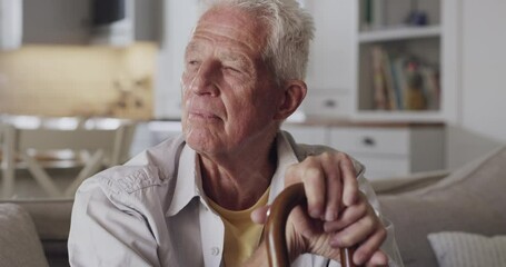 Old man, cane and thinking about life and memory, regret and depression with reflection at home. Retirement, wellness and walking stick of sad or thoughtful senior person with disability or decision - Powered by Adobe