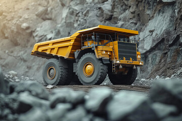 Large quarry dump truck in a coal mine. Loading coal into a work truck bodywork. Mining equipment for transporting minerals.
