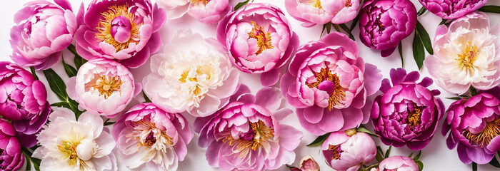 Summer flowers layout, background, wallpaper or texture. Flat-lay of pink and purple peony flowers arrangement over plain white background, top view. Florist shop website banner or wallpaper - obrazy, fototapety, plakaty