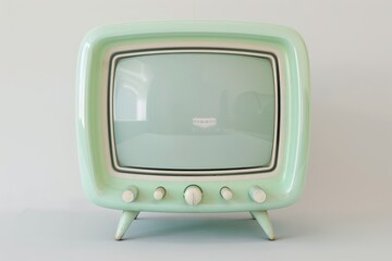 A small, retro green television is placed elegantly on top of a rustic wooden stand in a cozy...