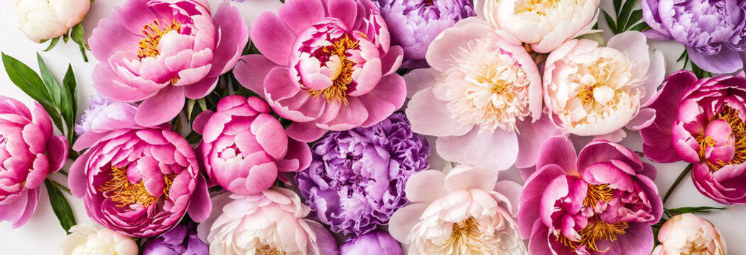 Summer flowers layout, background, wallpaper or texture. Flat-lay of pink and purple peony flowers over plain white background, top view. Florist shop website banner or wallpaper