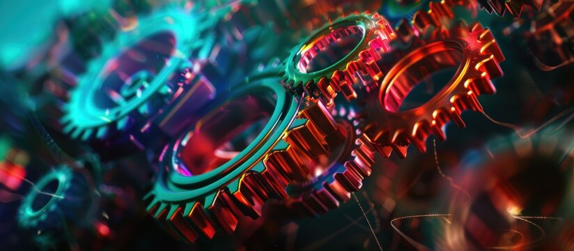 Close up colorful sync gears in an engine rotation. Generated AI image