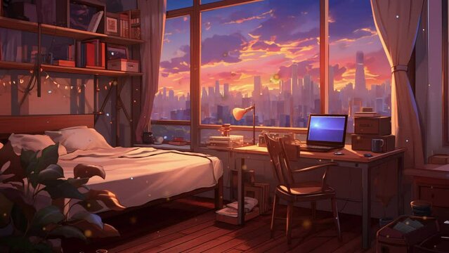 Animated virtual bedroom interior with city night view from window. Zoom