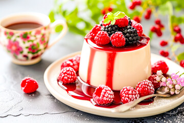 Panna Cotta with Berries and Red Sauce.