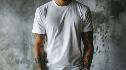 front view of man wearing white blank t-shirt mockup template - obrazy, fototapety, plakaty