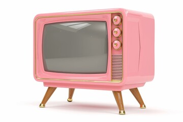 A retro pink television set is elegantly displayed on top of a rustic wooden stand, adding a pop of color and style to the room