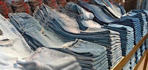 stacks of denim pants are on the counter