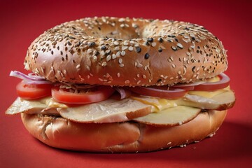 Turkey Cheese Bagel Sandwich on Red Background