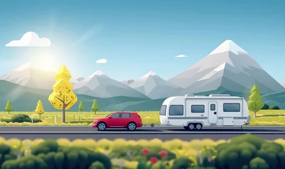 Fotobehang Auto cartoon car with camper on a road trip, motorhome vacation at mountains illustration