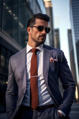 Forerunner of High Fashion: Charismatic Man in Sophisticated Three-Piece Suit Displaying in Urban Landscape