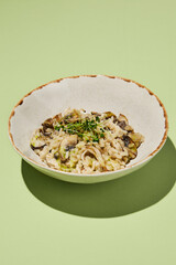 Mushroom risotto with truffle oil, elegantly served on artisanal tableware, highlighted by a harmonious green background for a luxury meal experience